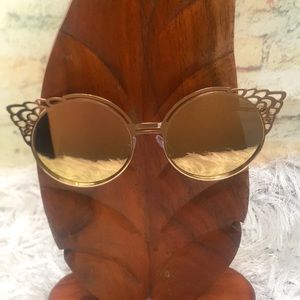 New Mirrored Lenses Rose Gold Luxe Fashion Wire Cat Eye Frame Sunglasses